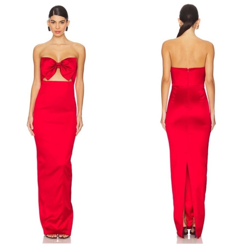 SAU LEE Esther Strapless Bow Cutout Red Satin Pencil Maxi Dress Size 8 - Picture 1 of 14